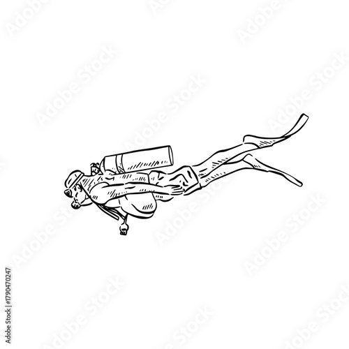 A diver illustration. Man with oxygen tank on back.
