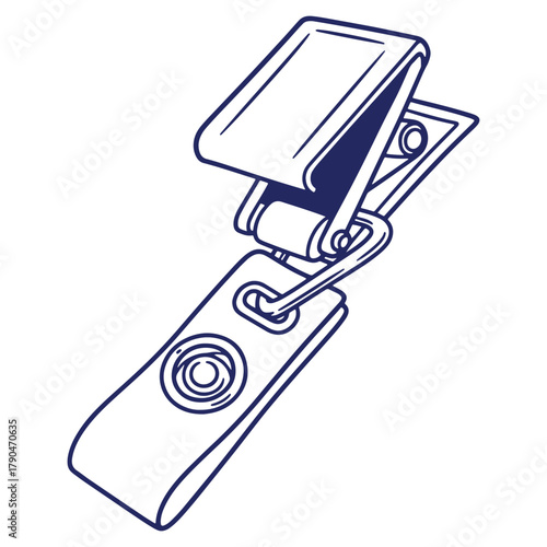 Stylized lanyard badge holder clip with strap illustration in navy blue providing convenience and professional accessory for various identification needs