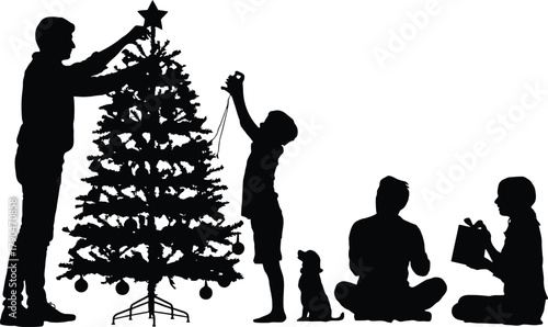 Family Decorating Christmas Tree Silhouette ? Festive Holiday Vector Illustration with Children, Dog, and Ornaments for Seasonal Greeting Designs