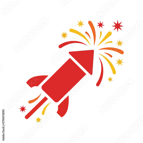 Red rocket exploding with colorful fireworks and stars   festive celebration icon Vector, illustration