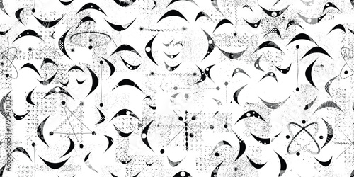 Vintage modern atomic seamless pattern with speckled and grainy texture, inspired by1950s and 1960s atomic age design, featuring abstract geometric shapes and orbit motifs in black, vector design.
