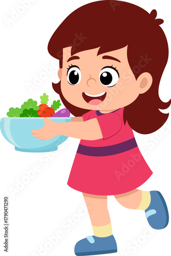 happy cute kid girl holding fresh vegetable in bowl