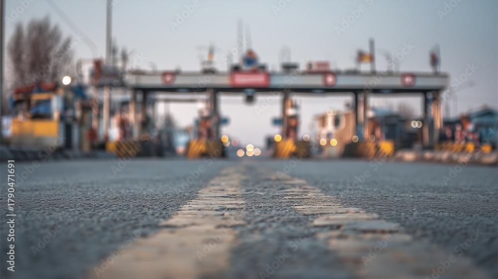 Fototapeta premium The border checkpoint stands prominently as vehicles approach the entrance, highlighting the busy atmosphere filled with anticipation. This border checkpoint is crucial for travele