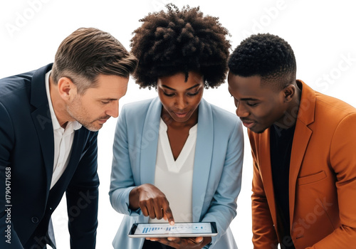 Diverse team collaborates effectively using digital tablet for business success transparent background