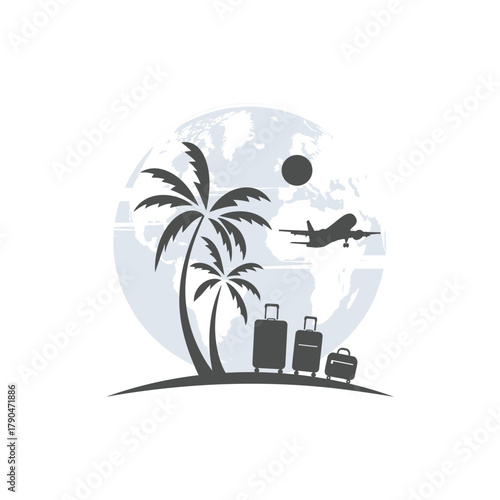 Palm tree, globe, luggage, and plane 