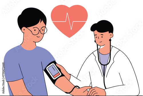 Doctor measuring a patient's blood pressure using a cuff, emphasizing cardiovascular health and checkups