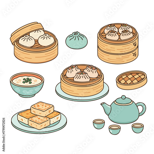 Cartoon Dim Sum Set with Steamed Dumplings, Buns, Tofu, Congee, and Tea Illustration