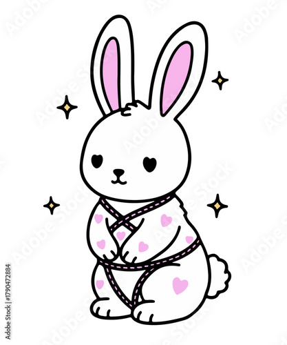 Cute vector illustration shows a white bunny with pink accents, wrapped in rope and decorated with heart shapes. The style is playful, cartoonish, Y2K kawaii.
