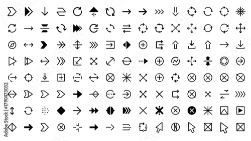 Arrow Icons Collection — 100 Black Silhouette Vector Symbols for Direction, Navigation, and Interface Design