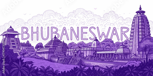 Bhubaneswar Skyline Sketch with Cultural Touch, Featuring Lingaraj Temple, Dhauli Stupa, Rajarani Temple and Odisha Heritage for Tourism and Travel Poster Use