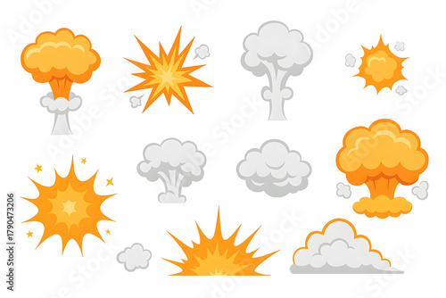 Set of Vector Explosions with Smoke Clouds of Different Shapes Isolated on Transparent Background
