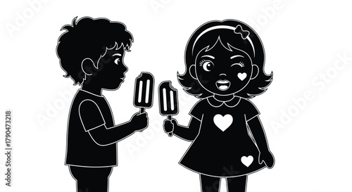 Silhouette of boy and girl with ice cream winking and heart details