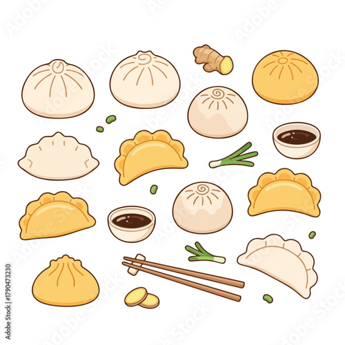 Cartoon Dumplings and Steamed Buns Set with Sauces and Ingredients Illustration
