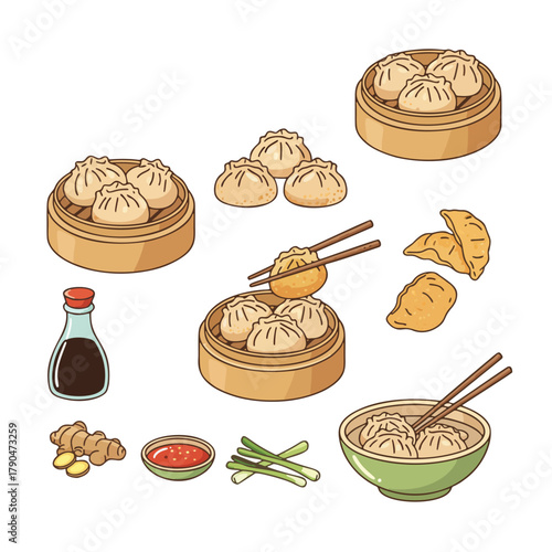 Cartoon Dim Sum and Dumpling Set with Bamboo Steamers and Ingredients Illustration