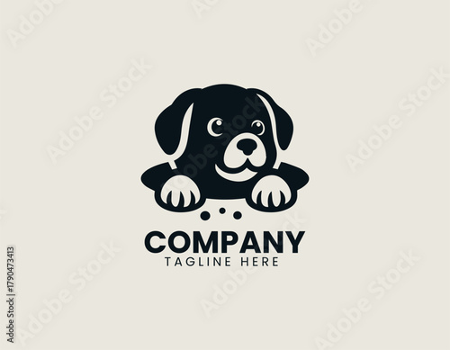 Cute puppy coming out of hole black vector logo illustration