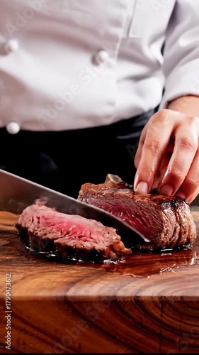 Chef Slicing Grilled Beef Steak on Wooden Board With Knife