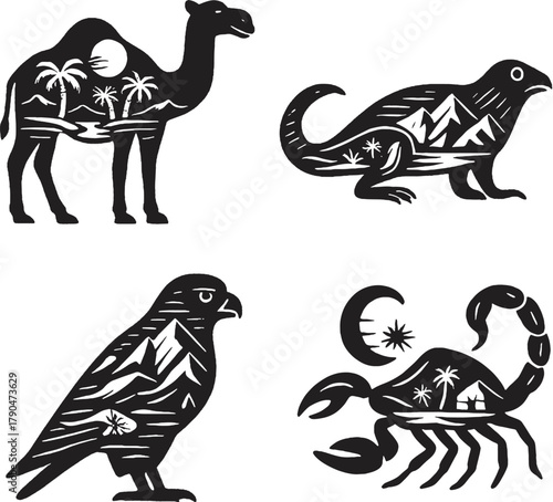 Desert Animals Double Exposure Vector Illustration eps.eps