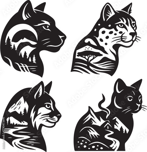 Cat Species Double Exposure Vector Illustration.eps