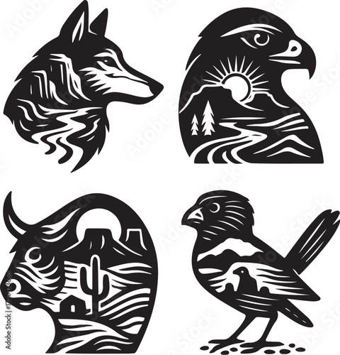 Desert Animals Double Exposure Vector Illustration.eps