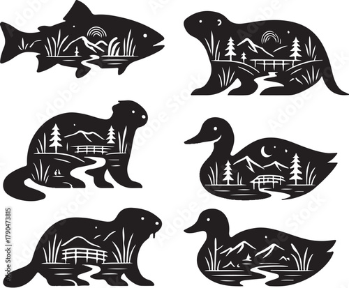 Freshwater Animals Double Exposure Vector Illustration.eps