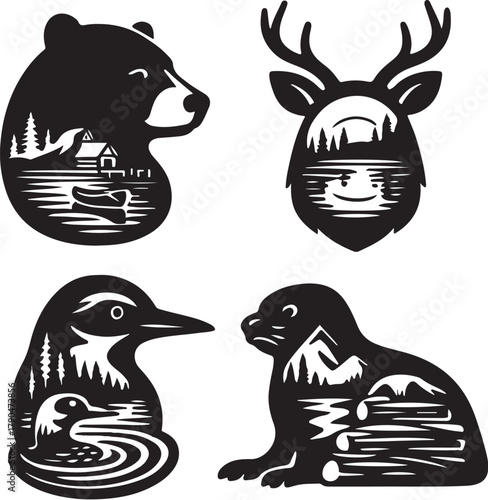 Lakeside Animals Double Exposure Vector Illustration.eps