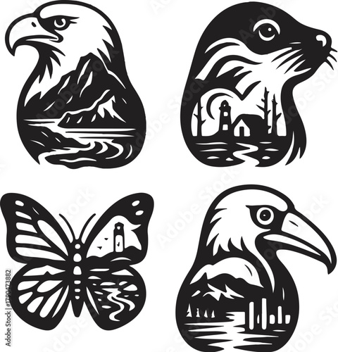 Marine Animals Double Exposure Vector Illustration.eps