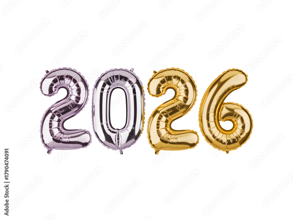 Obraz premium Shiny metallic balloons spelling out the year 2026 isolated on transparent background