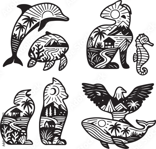 Sea Animals Tropical Double Exposure Vector Illustration.eps