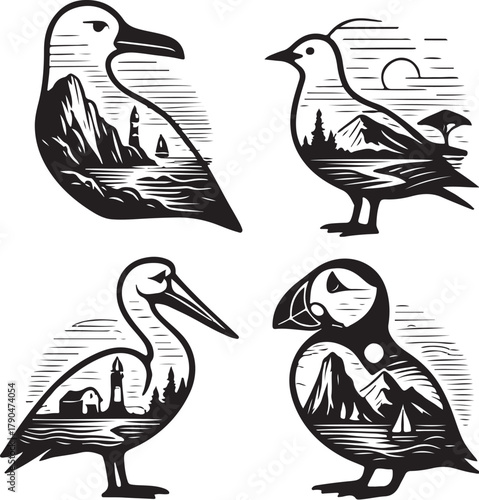 Seabirds Double Exposure Vector Illustration.eps