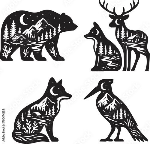 Woodland Animals Double Exposure Vector Illustration.eps