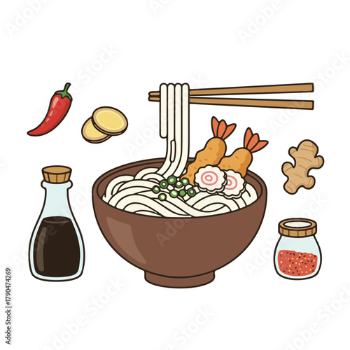 Cartoon Japanese Udon Noodle Bowl with Tempura and Seasoning Illustration
