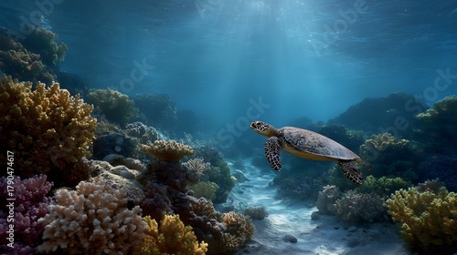 Fototapeta Naklejka Na Ścianę i Meble -  A sea turtle gracefully swims through a vibrant coral reef under sunbeams in clear blue ocean water