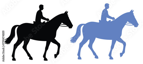 Silhouette of a person riding a horse against a white background