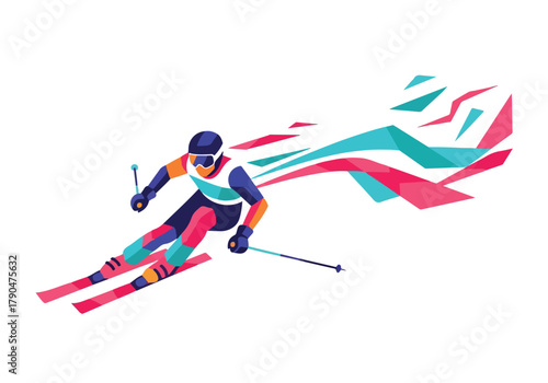 Low Poly Skier in Action with Colorful Trail.