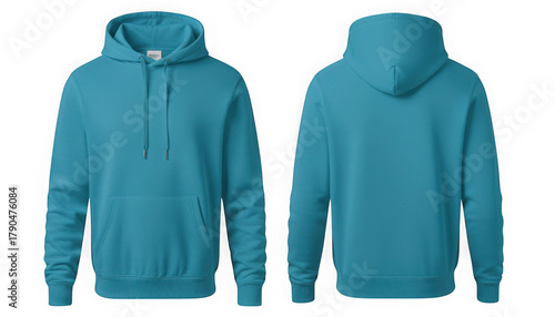 Blank vibrant teal blue hoodie front and back view isolated mockup isolated on transparent background