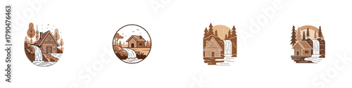Illustrative wooden house designs in stylized round shapes  