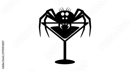 Black spider silhouette inside a martini glass on a white background