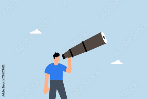 Search for opportunity, businessman peers through with large lens.