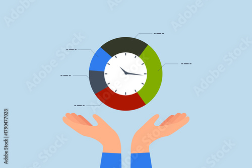 Time management, businessman hand holding pie chart with clock.