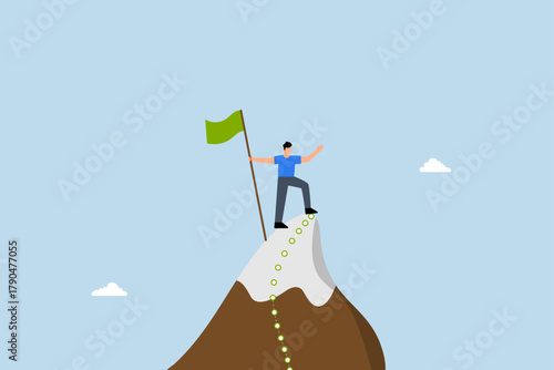 Success journey,  successful entrepreneur victor at peak achievement journey.