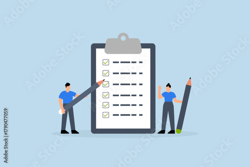 Task checklist, business individuals with a clipboard and checklist pencil.