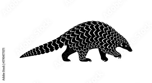 Black and white graphic illustration of a pangolin walking slowly