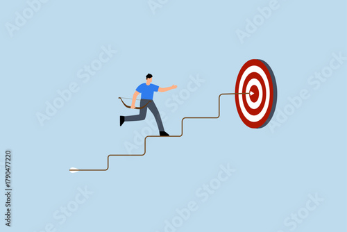 Step to reach goal, entrepreneur aims to shoot arrow on steps to achieve target.