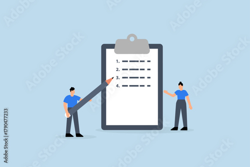 Writing business steps, businessman writing procedure step on clipboard