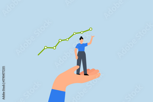 Helping hand support for business success, hand assisting businesswoman in achieving success with ascending graph.