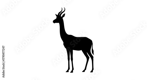 Isolated black silhouette of a standing gazelle on a white background