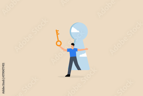 Success secret key discovery,  entrepreneur unlocks door via keyhole to present a concealed golden unlocking key.
