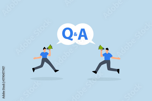 question and answer session, businessman and woman yelling into megaphone during Q and A in speech bubble.