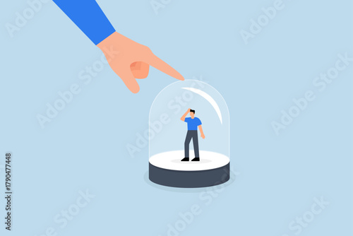 customer retention, businessman hold glass to retain small employee inside.