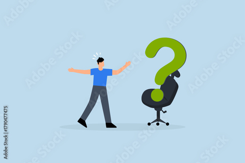 Search for new job position, entrepreneurial applicant pondering with desk seat question mark.
